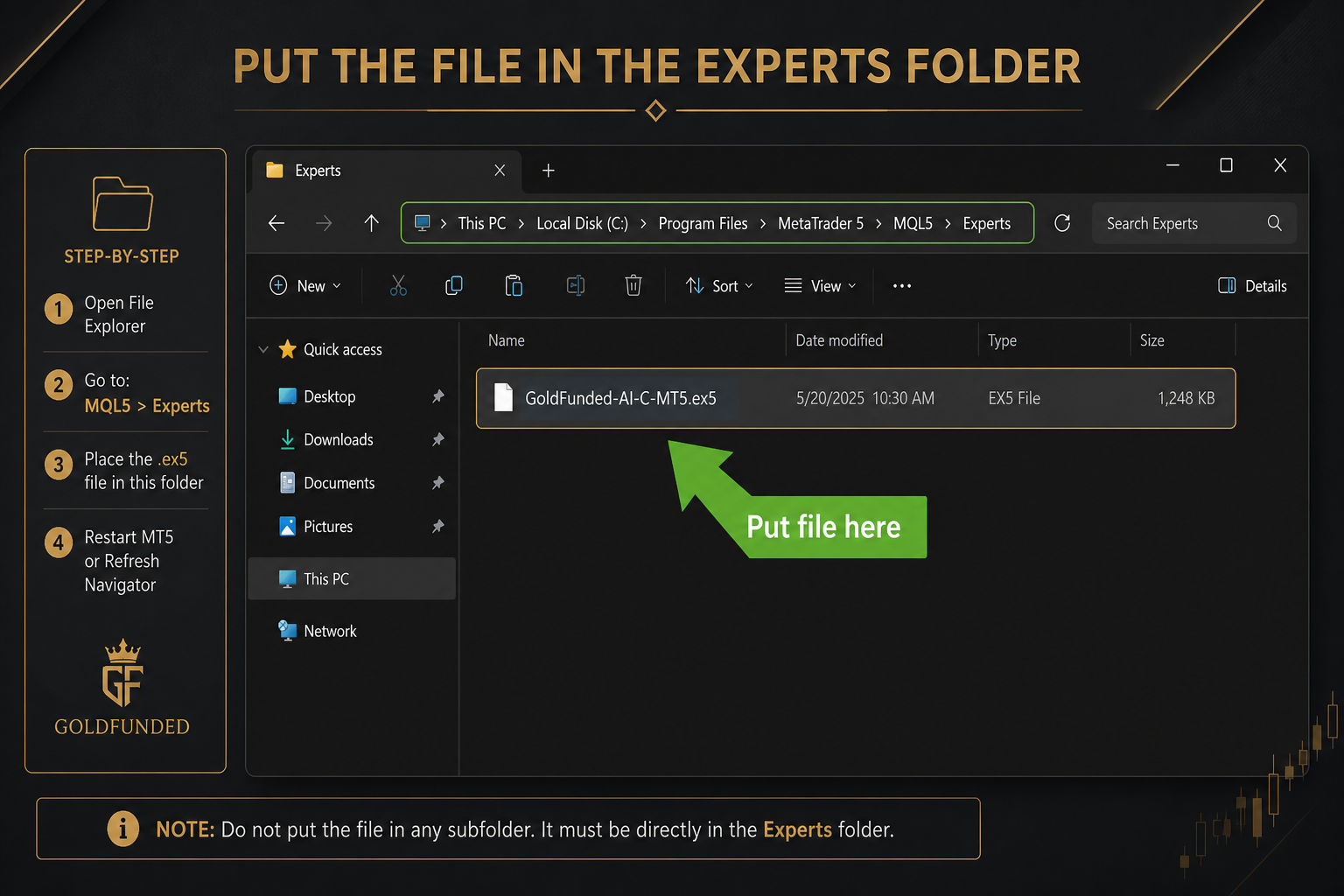 Placing the EA file inside the Experts folder