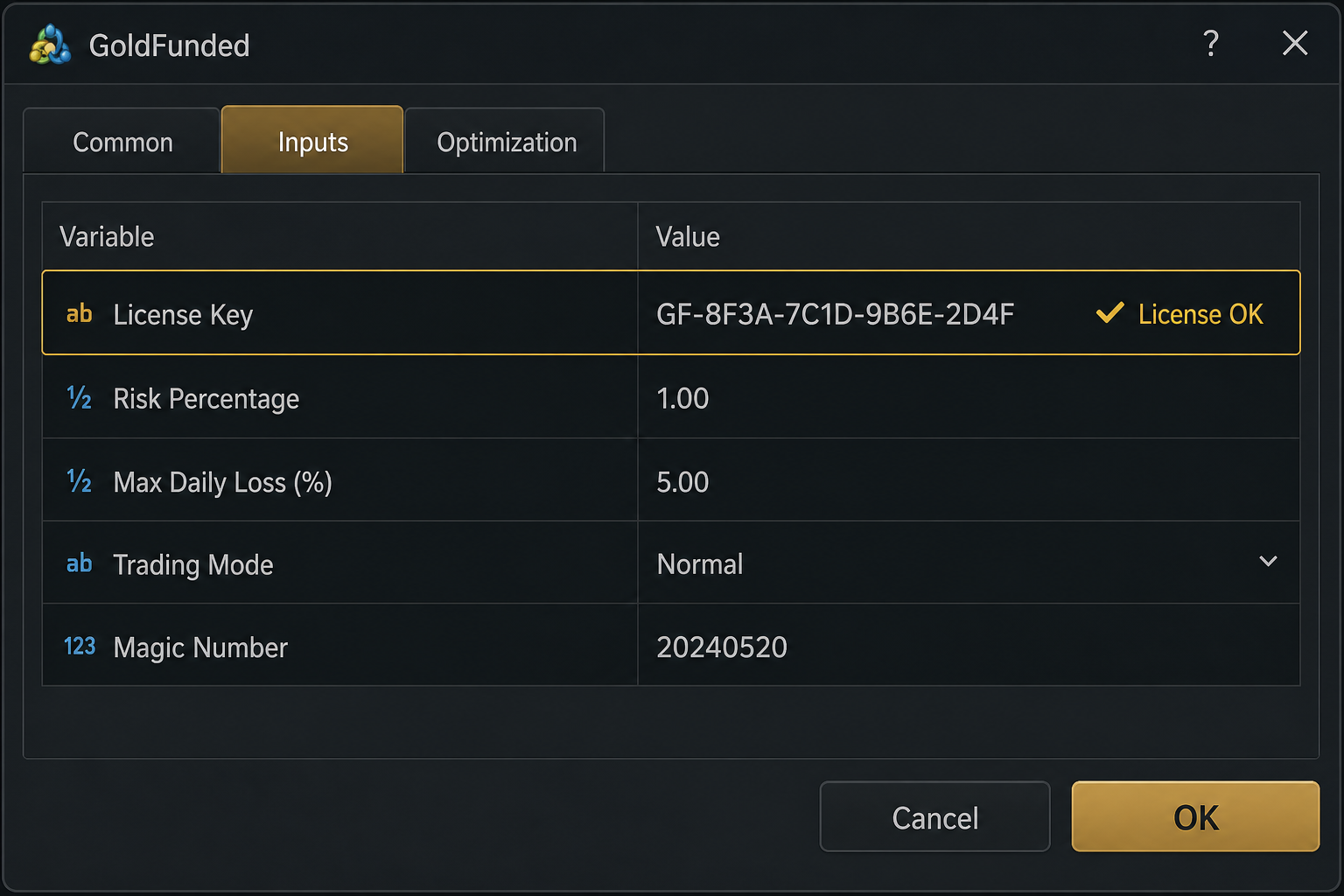 Inputs tab with License Key field filled in