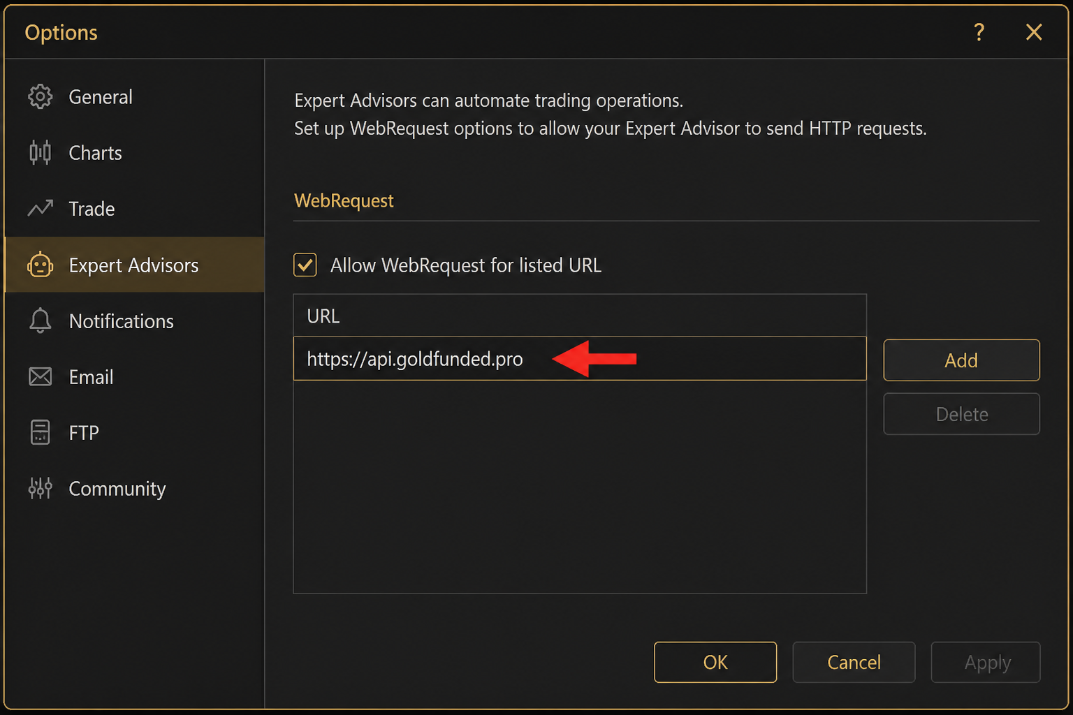 Expert Advisors options with both WebRequest URLs allowed